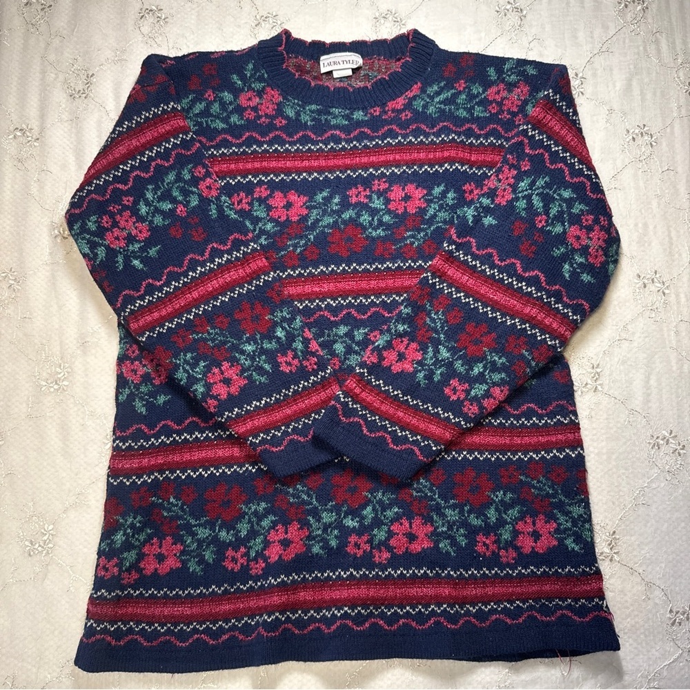 Vintage Laura Tyler Floral Knit Sweater – Size Small – Made in USA
